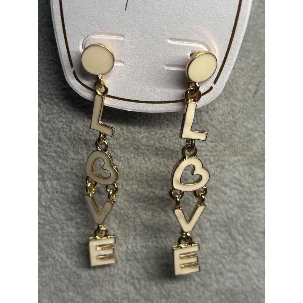 #45.  Gold-Tone "LOVE" Dangle Earrings with Heart Detail